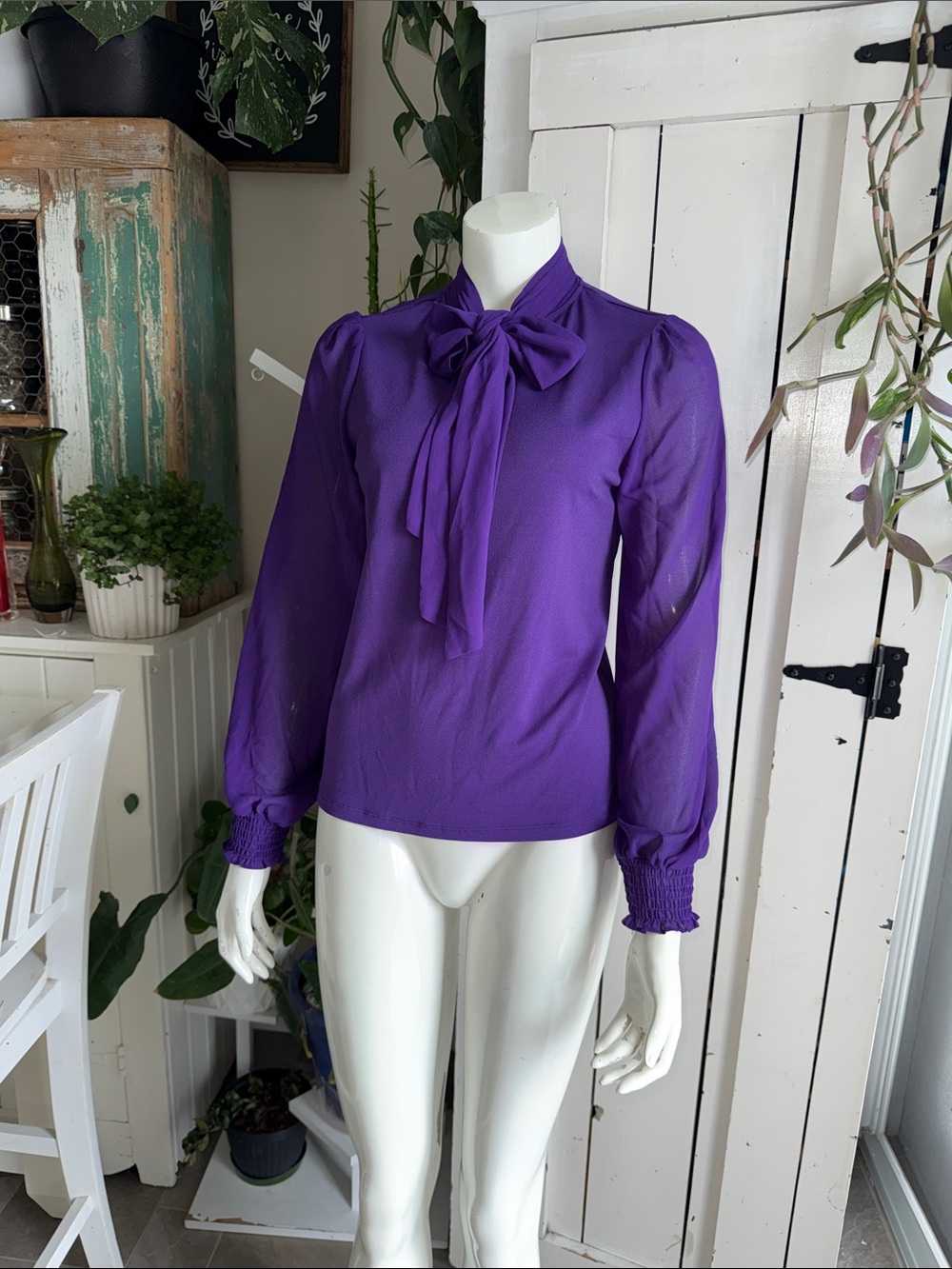 Suzy Shier Purple Tie-Neck Long Sleeve Blouse NWOT vintage vibes